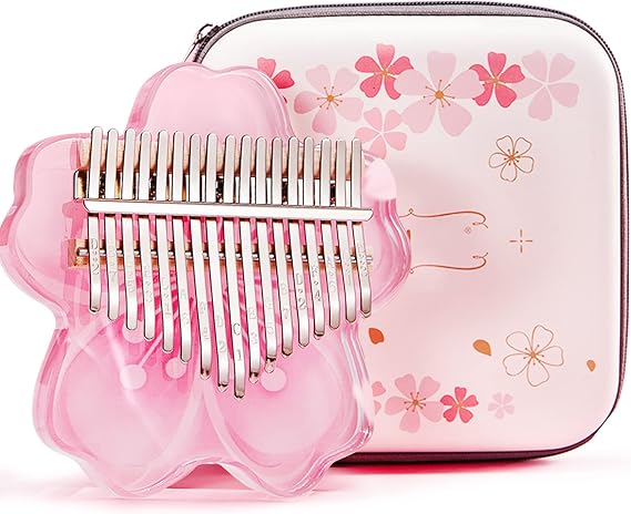 Kalimba Thumb Piano 17 Key with EVA Protective Case Full Kit, Sakura Shape Transparent Crystal Kalimba 17 Key, Professional Musical Instruments for Kid Adult Beginners (PINK17NOTES)