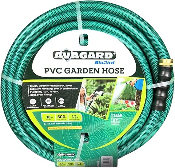 AVAGARD AVGPV1215 PVC Water Hose 1/2" x 15' - Kink-Resistant, Durable, Flexible, 500 PSI Burst Pressure, Includes 3/4" Male & Female GHT Set for Garden, Landscaping & Outdoor Use