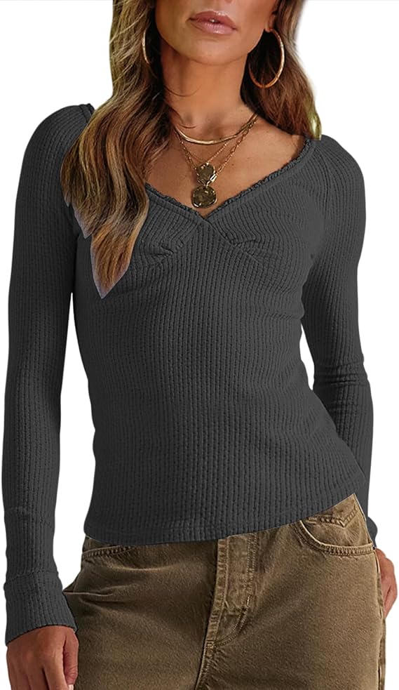 Vivitulip Womens Long Sleeve Shirts Sexy Deep V Neck Casual Basic Blouses Tops