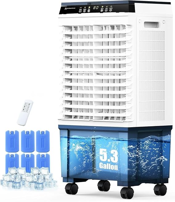 Air Choice Swamp Cooler, 1800 CFM Evaporative Air Cooler with 5.3 Gal Water Tank, 110 Swing, 3 Speeds, 6 Ice Box, Remote, 12H Timer, Portable Air Cooling Fan for Outdoor & Indoor, Gray