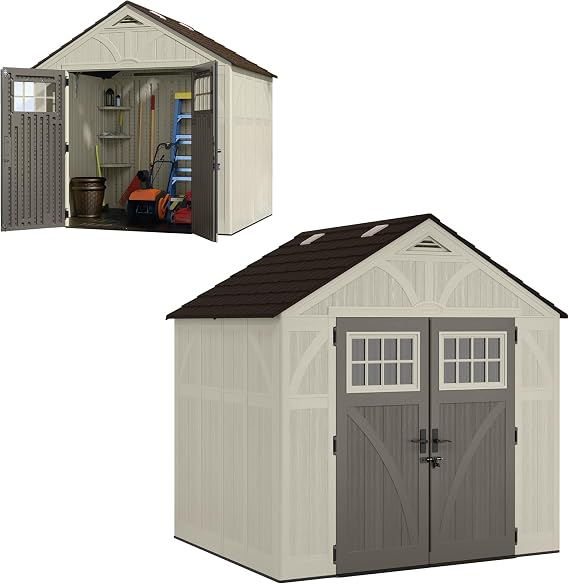 Suncast 8x7 Ft. Outdoor Storage Shed - Large Resin Shed with Floor, Lockable Double Doors, Skylights. 378 Cu Ft Tremont Garden Sheds & Outdoor Storage for Lawn Tools, Riding Mowers, Bikes, More