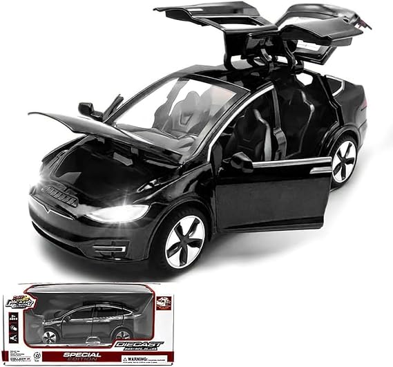 model car Tesla Model X 1:32 scale, die-cast alloy electronic toy with pull-back function, with lights and music, mini vehicle toy as a gift for children (Black)