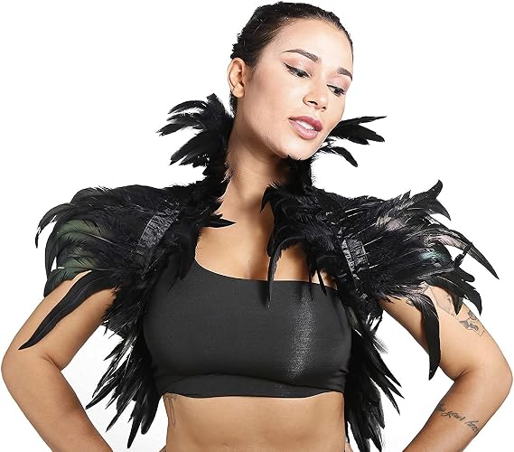 Breevo Feather Cape for Women, Black Feather Shawl Collar Accessories
