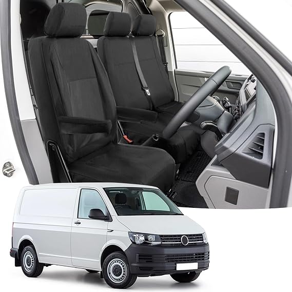 8 Piece Set Waterproof Seat Covers Compatible with VW Transporter T5 T6 2003-2022 (3 Seater Model), Front Seat Protection Black Fit Front Driver & Double Passenger Set (NO Split Passenger Seat)