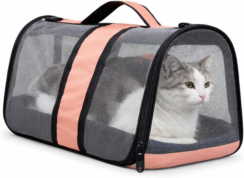 AEE® Komple Fileli Kedi Taşıma Çantası – MDF Sert Tabanlı, Katlanabilir, Nefes Alabilen, Omuz Askılı & El Tutmalı, Hafif ve Sağlıklı Evcil Hayvan Taşıma Kutusu (45x28x28 cm) (Somon)