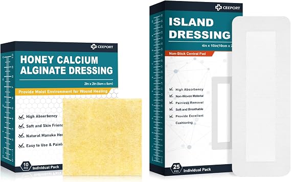Ceeport Manuka Honey Calcium Alginate Dressing 2" x 2" 10 Pack+Island Dressing 4''x10'' 25 Pack