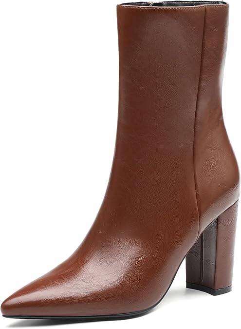 NEWBELLA Women's Classic Square Toe Heeled Boots - Side Zipper Vegan Leather Booties with Non-Slip Rubber Sole for Office & Winter