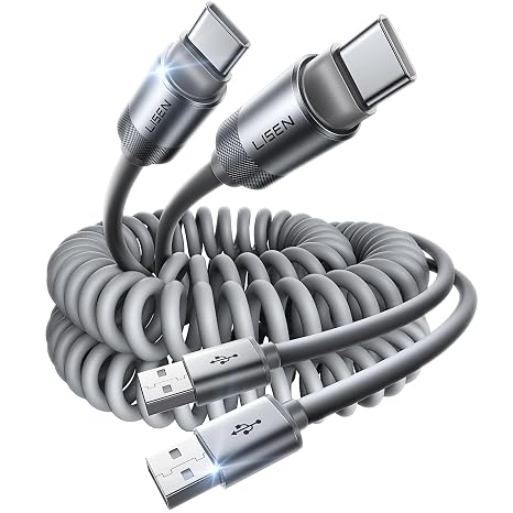LISEN CarPlay Cable 2 Pack for iPhone 17 Air 16 15 Pro Max Car Charger Cord, 3.1A 4FT Coiled USB C Cable Short USB A to USB C Cable Support Android Auto Compatible with Samsung Galaxy S25 S24, Grey