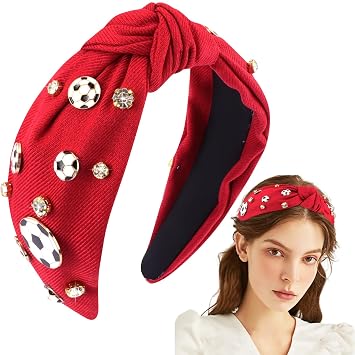 Red Soccer Rhinestone Jeweled Knotted Headbandn Wide Game Day Sports Hair Accessories Gift for Football Fans
