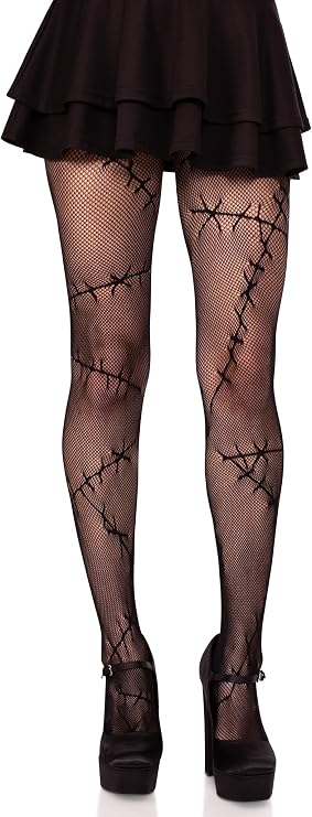 Leg Avenue Womens Stitched Up Halloween Tights Goth Fishnets Alt Clothes Black Patterned Tights for Women, Black, One S