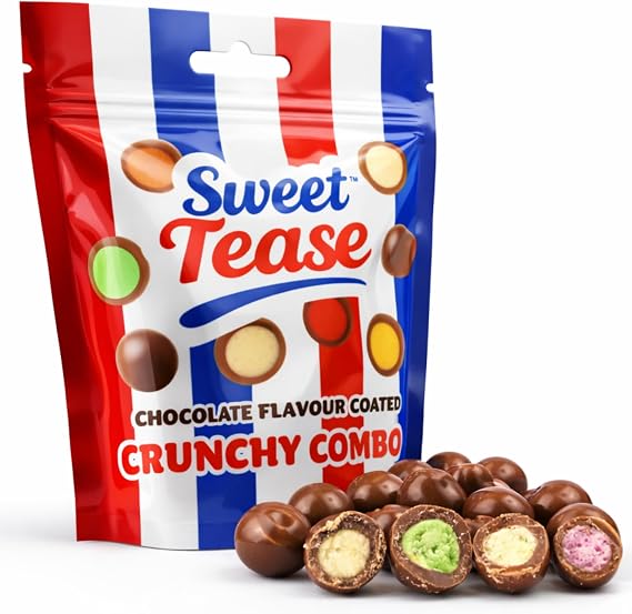 Sweet Tease Chocolate Covered Puffs 80g – Party Sweets with 6 Surprise Crunchy Centre Flavours (Vanilla, Mint, Orange, Banana, Cherry, Coconut) UK MADE
