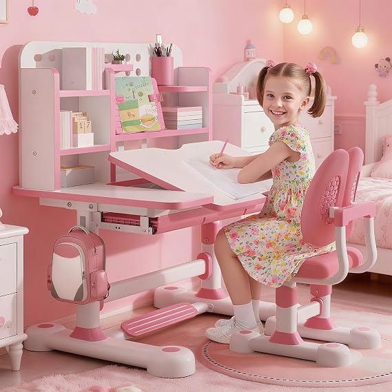 Upgraded Kids Study Desk and Chair Set, Height Adjustable Kids Table and Chairs, Children School Study Homework Desk with Tiltable Desktop & Bookshelf, Ideal Gifts for Boys Girls 8-12, Bedroom, Pink