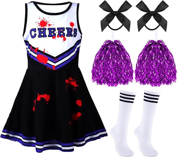 Didaey 6 Pcs Girl Zombie Costume Kids Halloween Dead Cheerleader Costume Scary for 2026 Halloween Party Cosplay