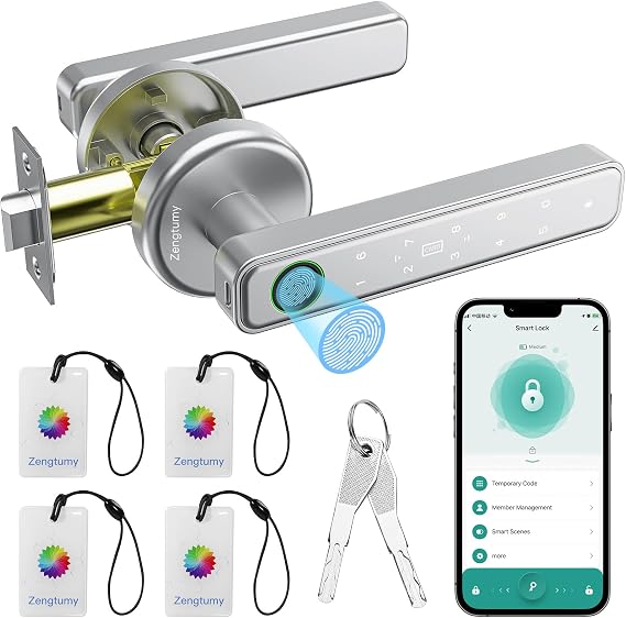 Fingerprint Door Lock, Smart Door Knob with Fingerprint/Password/Key/IC Card-Smart Door Lock for Bedroom, Hotel, Office, Apartment-Silver