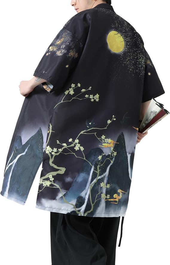 PRIJOUHE Men's Kimono Robe Lightweight Japanese Bathrobe Open Front Casual Long Cardigan Yukata Jacket