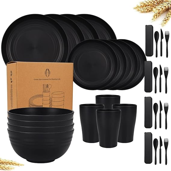 32 Pieces Plastic Dinnerware Set, Unbreakable Tableware Sets, Plastic Plates and Bowls Set, Microwave & Dishwasher Safe, Reusable Tableware