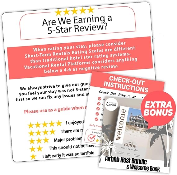 Guest Review Rating Magnet, 5x5 Airbnb Five Star Rating Explanation Magnet with Editable Welcome Book & Checkout Instructions Sticker for Short Term Rentals (STR), Vacation Rental & VRBO Properties