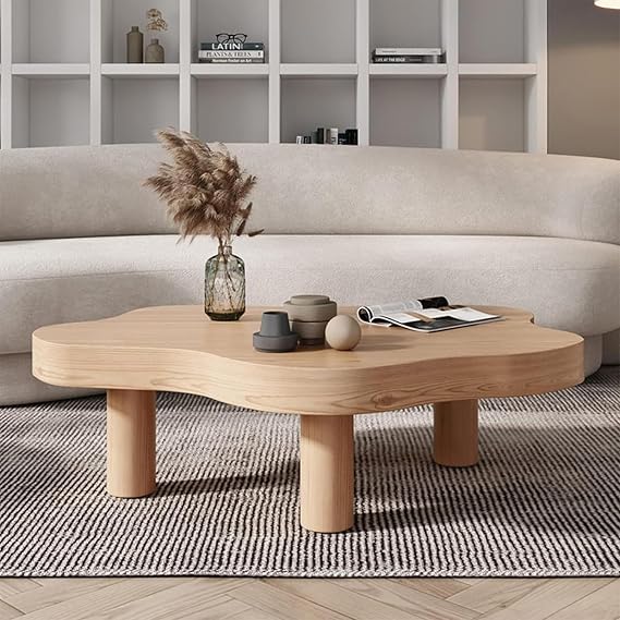 Cloud Shaped Coffee Table, Irregular Wood Coffee Table, Round Corner Thicken End Table, Modern Coffee Table with 3 Legs, for Living Room Furniture (Wood,90x60x40CM)
