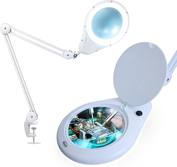 Neatfi Elite XL HD Super LED Magnifying Lamp 7 Glass Lens, 5-Diopter, 6500K Daylight | Glare-Free, Adjustable Arm | Reading, Sewing & Crafting (White-3, 7-inch Lens, Non-CCT with Clamp)