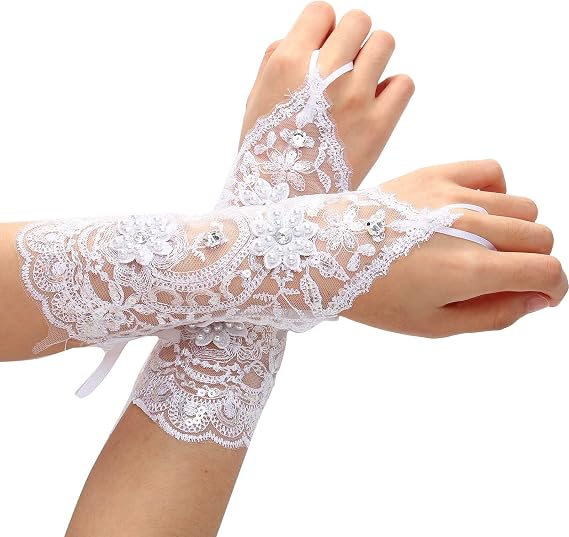 Olbye Women' Wedding Lace Gloves Bridal Fingerless Tulle Gloves Crystal Sequins Wrist Cuffs White Hook Finger Gloves