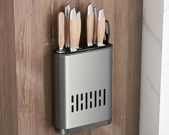 Knife Holder, Modern Silver Metal Knife Block with Water Tray