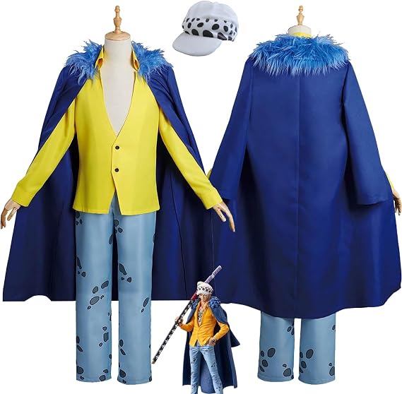 Anime One Piece Trafalgar D Water Law Cosplay Costume Outfit Role Paly Uniform Blue Cape Full Set Halloween Carnival Party Dress Up Suit with Hat for Men Boys