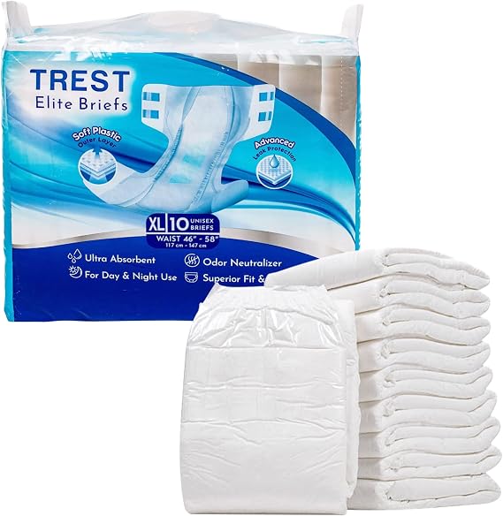 TREST Elite Briefs for Men and Women, Overnight Diapers for Incontinence, Elite Absorbency, Comfortable, Odor Neutralizing and Secure Fit - White, X-Large (Pack of 10)