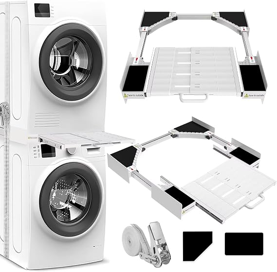 NIUXX Stacking Kit for Washer Dryer: Washing Machine Stacker with Shelf | Laundry Stackable Unit with Pull-Out Detachable Board Shelf for 53-68 cm Washer Dryer - Ratchet Ropes & Anti-Vibration Pad [Energy Class A]