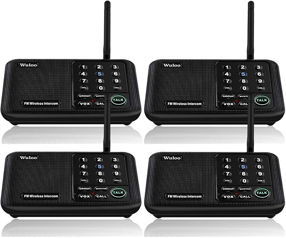 Wuloo Intercoms Wireless for Home 5280 Feet Range 10 Channel 3 Code, Wireless Intercom System for Home House Business Office, Room to Room Intercom, Home Communication System (4 Units Set, Black)