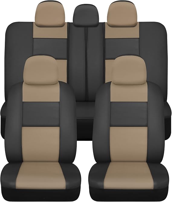 BDk Faux Leather Car Seat Cover Full Set - Front & Rear Split Bench Beige Seat Covers for SUV & Truck Seat Covers, Airbag Compatible - Interior Protective Seat Covers for Car Seats & Car Accessories
