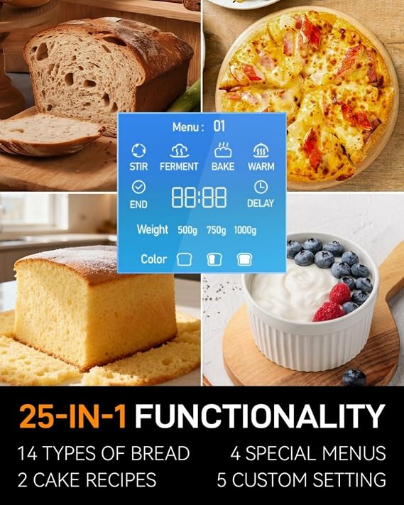 25-IN-1 Bread Maker with Visible Lid | 2lb Automatic Machine, Auto Nut Dispenser, 13-Hour Delay Timer, One-Touch Control & Recipes Easy Operation, High Success for Homemade Bread