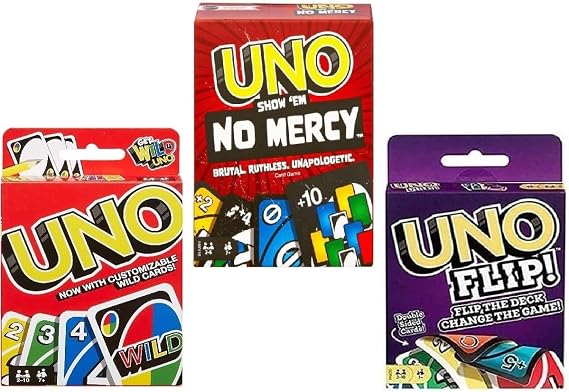 Mattel Uno No Mercy, Uno and Flip Card Game, Combo Pack of 3