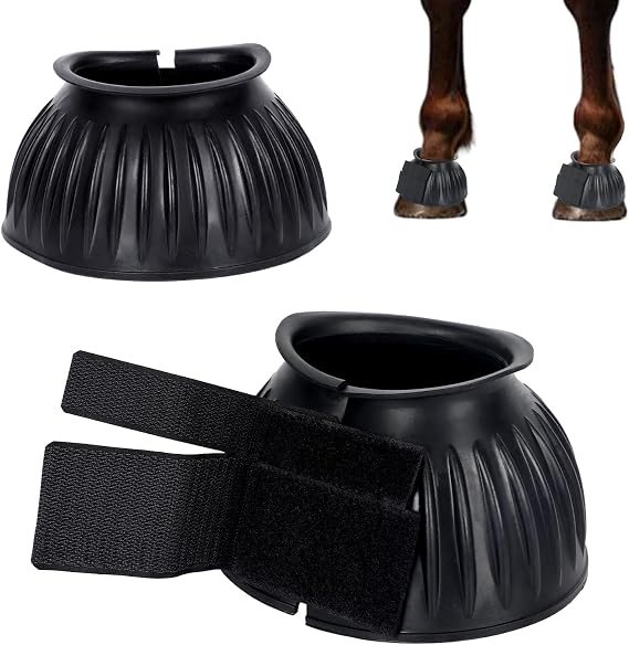 1 Pair Black Bell Boots for Horses, Double Lock Horse Care Boots, Protect Against Hoof Impact Trauma, Rubber Bell Boots Horse Care for Turnout, No Rub Design Comfort Quick Wrap Hook and Loop
