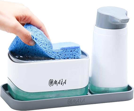 OMAIA 4-in-1 Dish Soap Dispenser Set with Sponge Holder and Liquid Hand Soap Dispenser and Silicone Tray - Countertop Organizer - Useful Kitchen Gadgets