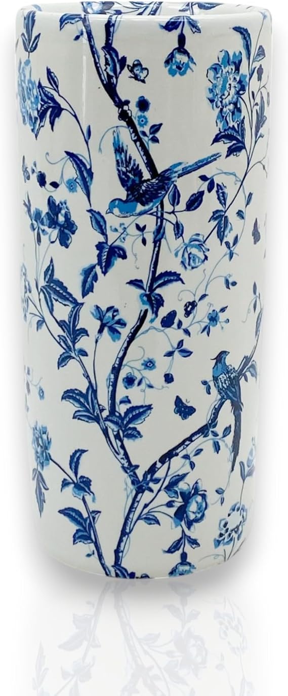 AcaciaHome Durable Ceramic Round Umbrella stand–Perfect Holder for Home, Office, Entryway - Adds a Sophisticated Touch to Living Spaces for Canes, Walking Sticks (Blue & White Bird)