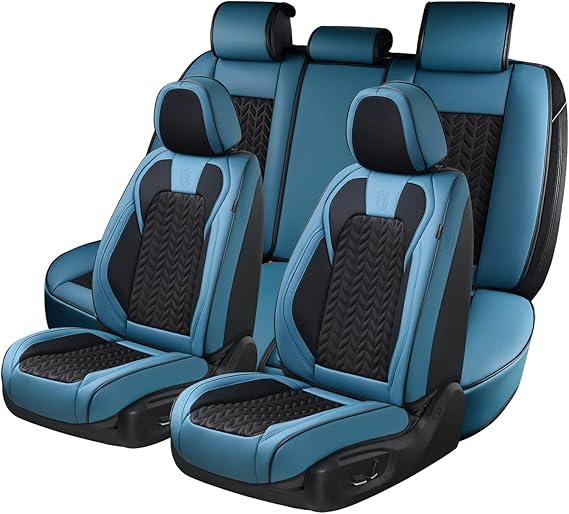 Coverado Seat Covers Full Set, 5 Seats Breathable Faux Leather Seat Covers for Cars, Car Seat Cover Winter, Car Seat Protector Car Seat Cushion, Automotive Seat Cover Universal Fit Most Vehicles, Blue