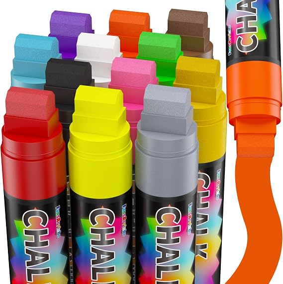 FansArriche Jumbo Chalk Markers, 12 Colors 15mm Window Markers | Liquid Chalk Marker Erasable for Chalkboard, Blackboard, Car, Glass