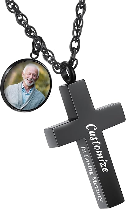 Personalized Urn Cross Necklace for Ashes for Men Picture/Text Engraved Stainless Steel Silver/Black Memorial Cremation Jewelry for Ashes Keepsake for Men Women