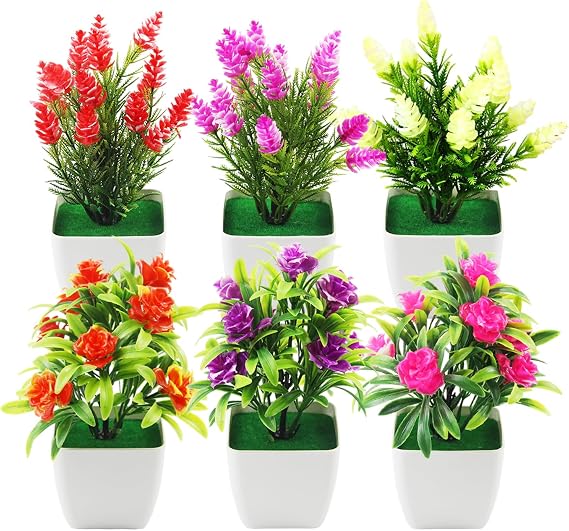 JINXIAN 6 pcs Artificial Plants Artificial Flowers in Pots 7.08 Inches Tall Artificial Mini Potted Flowers Fake Plants for Home Office Area Restaurant