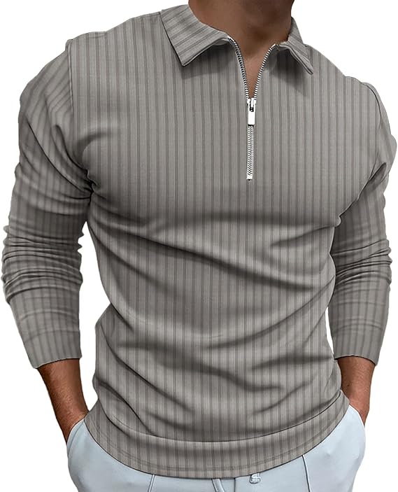Polo Shirts for Men Golf Shirts Long Sleeve Zip Up Lapel Business Smart Casual Tops Henley V Neck Rugby