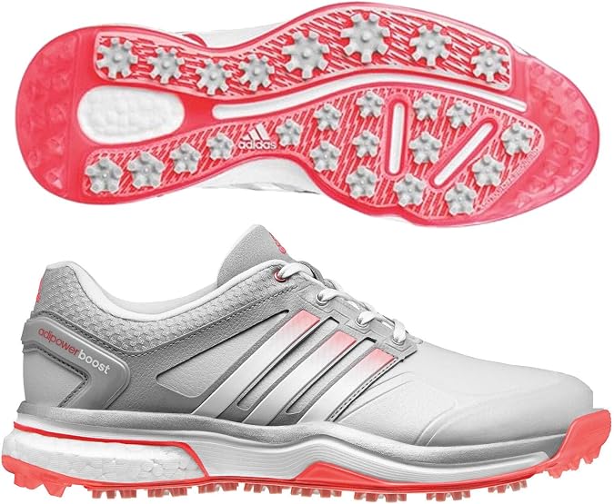 adidas Women's W Adipower Boost Golf Shoe, Clear Grey/Running White/Flash Red, 6 M US