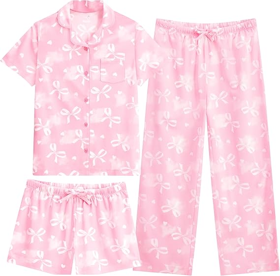 US Angels Girls Pajama Set 3 Piece, Short Sleeve Button Down PJs with Shorts & Pants, Soft Sleepwear Girls & Tweens Size 5-16