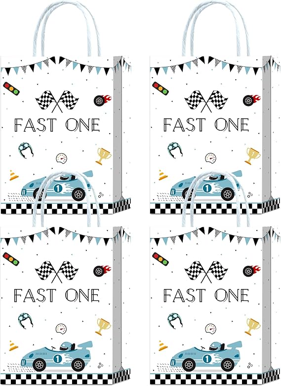 Brattol 16 Pieces Blue Racing car 1st First Birthday Goodie Bags for 1st Birthday Party Supplies,Fast One Race Car Theme Gift Snacks Treat Candy Party Favors Bags with Handles