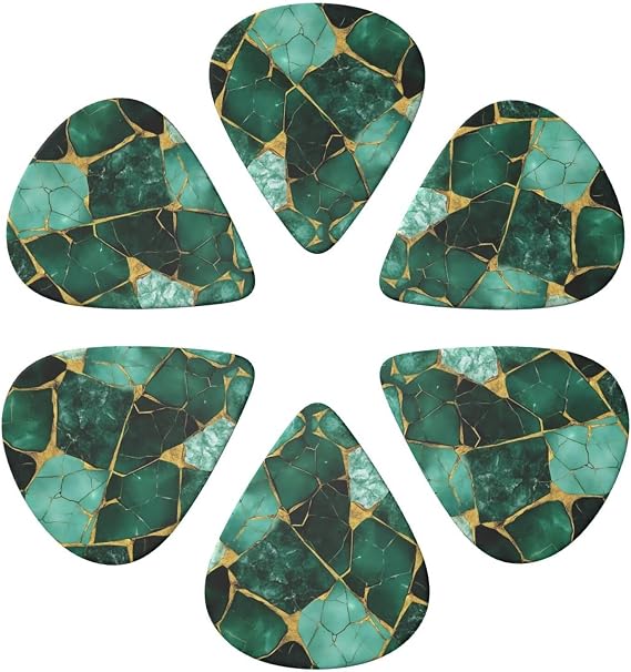 6 Pack Medium Thick Gauges Guitar Plectrum for Guitarist, Emerald Green Marbled Gold Glitters Green Marble Guitar Paddles, 0.46mm 0.71mm 0.96mm