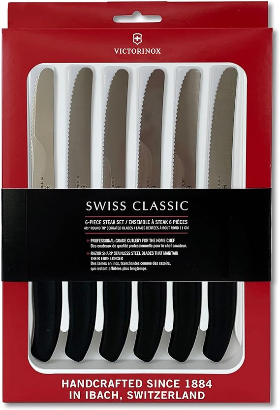 Victorinox 6.7833.6US1 sadf Swiss Classic 6-Piece Steak Knife Set, 4-1/2-Inch Serrated Blades with Round Tip, 4-Inch