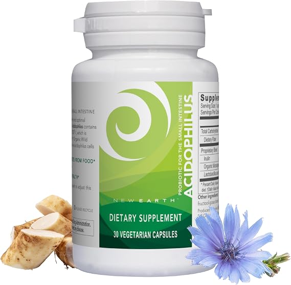 New Earth Acidophilus Lactobacillus DDS-1 - Probiotic for Upper GI Support - Inulin Prebiotic & Organic Wild Microalgae - 5 Billion CFU for Gut Health, Digestion & Immune Function - Vegan, 30 ct