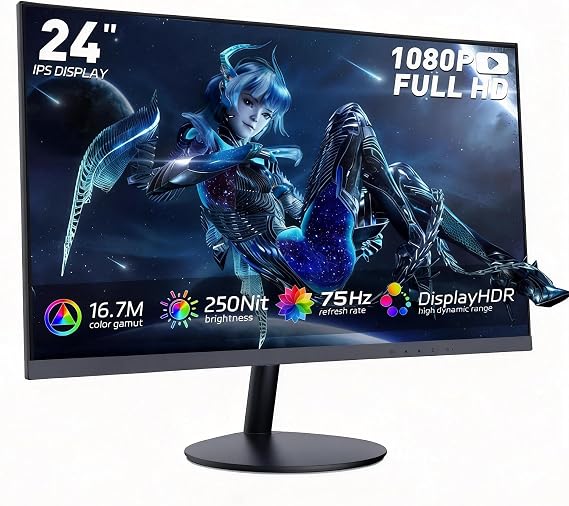 24 Inch FHD 1080P Gaming Monitor, 75Hz Refresh Rate, 3ms Response Time, AMD FreeSync, Low Motion Blur, Frameless Bezel, HDMI & DisplayPort, VESA Mount for PC Gaming