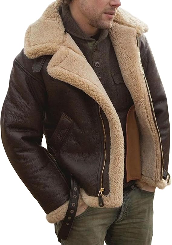 Men's Faux Suede Leather Bomber Jacket Shearling Sheepskin Fur Lined Jackets Winter Thicken Warm Fluffy Thermal Coat
