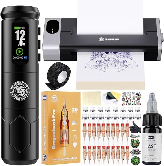 Dragonhawk A1 Pro Tattoo Machine Kit Wireless Rotary Tattoo Gun 4.0mm Stroke Length Stencil Printer 20 Needles for Beginners