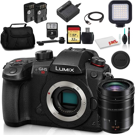 Panasonic Lumix DC-GH5S Mirrorless Digital Camera (DC-GH5S) - Bundle - with Panasonic 12-60mm Lens + Sony 32GB Tough SD Card + LED Video Light + Digital Flash + DMW-BLF19 Battery + Soft Bag + More | For Photography & Video | Includes 32GB TOUGH SD Card + LED Light + DMW-BLF19 Battery + Camera Bag + More